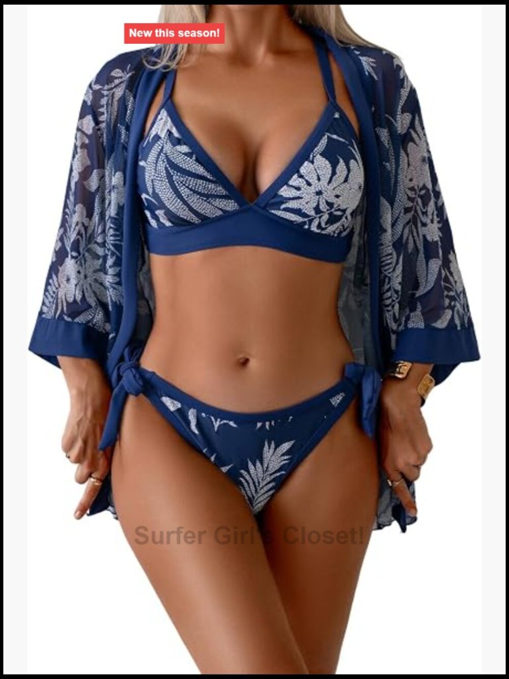 Three Piece Bikini Set with Mesh Cover Up Cross Back Tie Straps V Neck Swimsuit